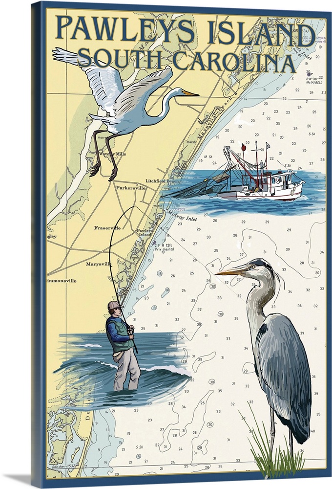 Retro stylized art poster of a map with a blue heron, a fisherman and a fishing boat.