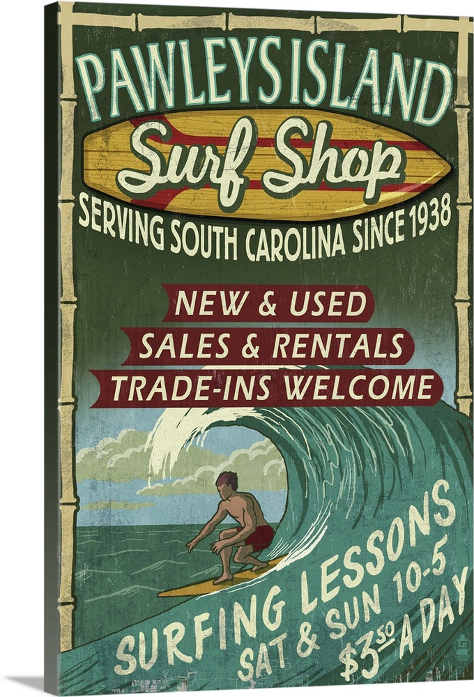 Pawleys Island, South Carolina - Surf Shop Vintage Sign: Retro Travel Poster