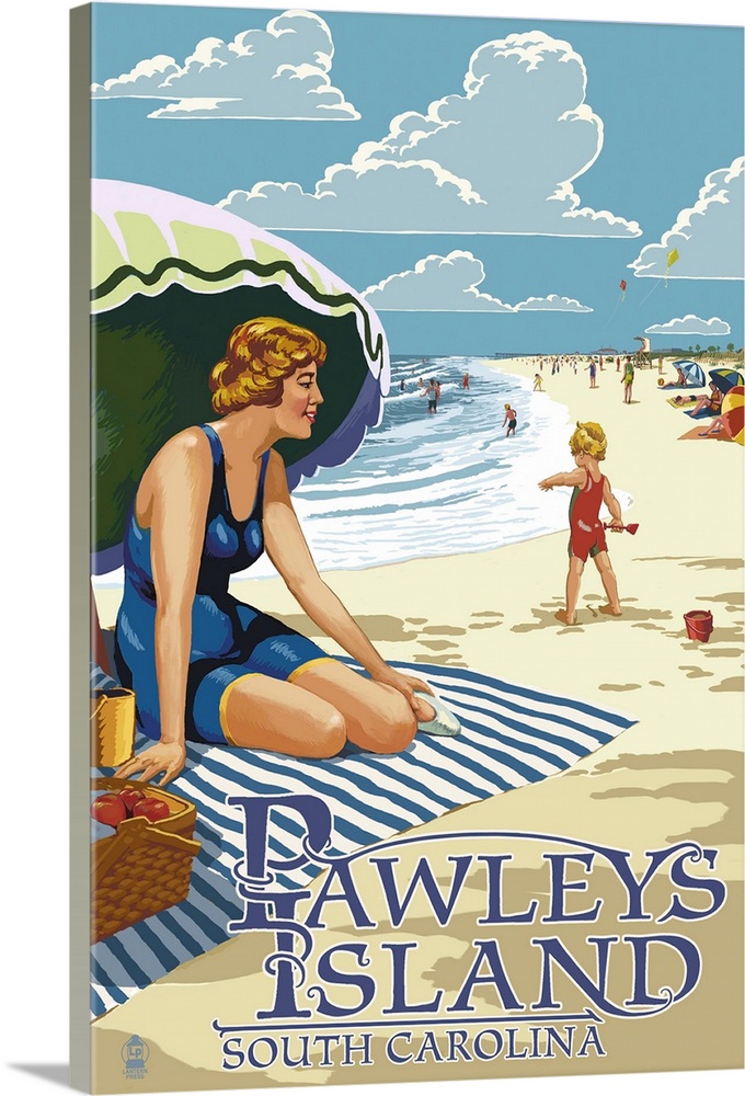 Retro stylized art poster of a beach scene, with a woman sitting on a blanket under a an umbrella.