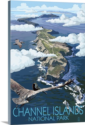 Pelicans Flying Over Channel Islands National Park: Retro Travel Poster