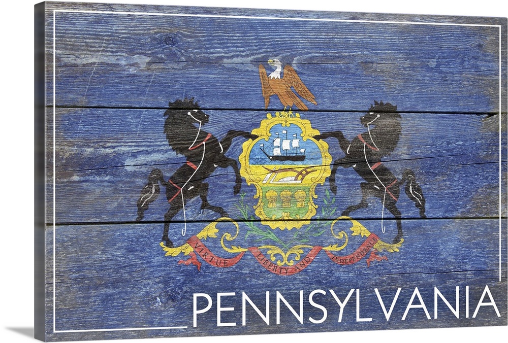 The flag of Pennsylvania with a weathered wooden board effect.