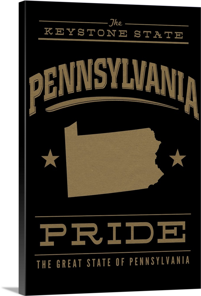 The Pennsylvania state outline on black with gold text.