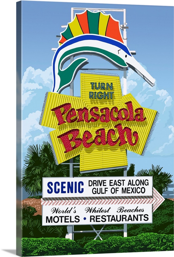 Pensacola Beach, Florida Sign Retro Travel Poster Wall Art, Canvas