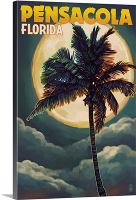 Pensacola, Florida - Palms and Moon: Retro Travel Poster