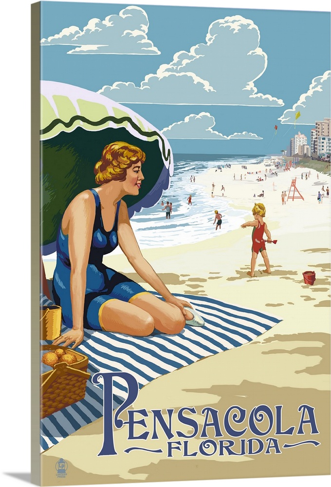 Pensacola, Florida - Woman on the Beach: Retro Travel Poster