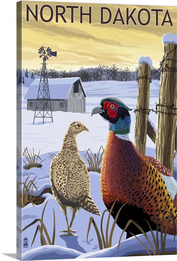 Pheasants - North Dakota: Retro Travel Poster
