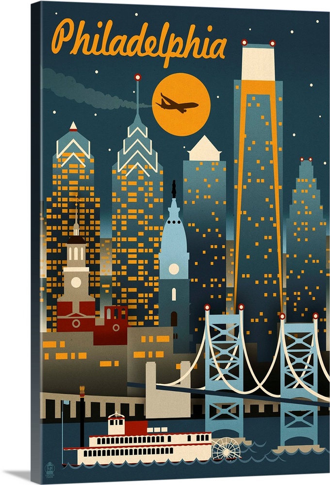 Philadelphia, Pennsylvania - Retro Skyline: Retro Travel Poster