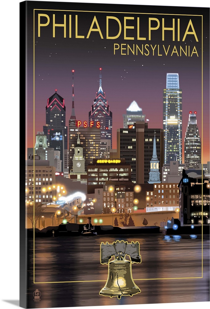 Philadelphia, Pennsylvania - Skyline at Night: Retro Travel Poster