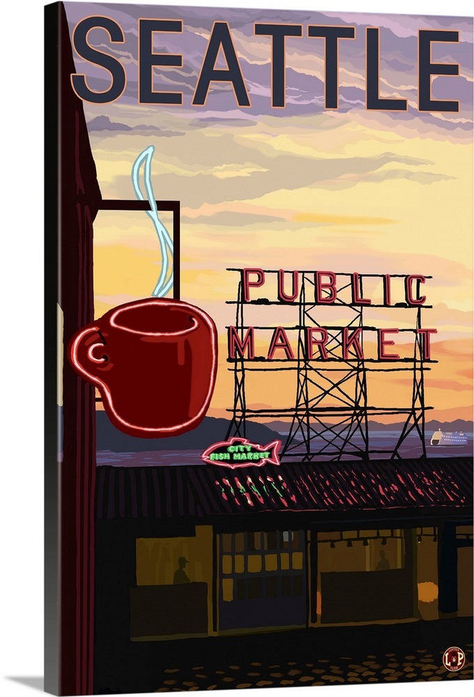 Pike Place Market Sign and Water Retro Travel Poster Wall Art, Canvas Prints, Framed Prints