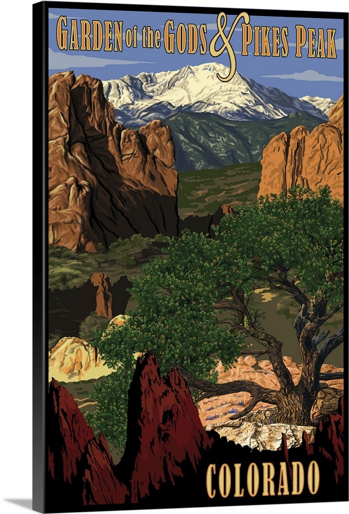 Pikes Peak from Garden of the Gods, Colorado Retro Travel Poster Wall