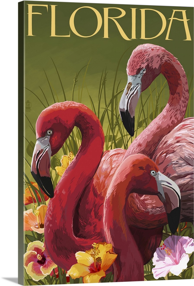 Retro stylized art poster of flamingos surrounded by vibrant flowers.