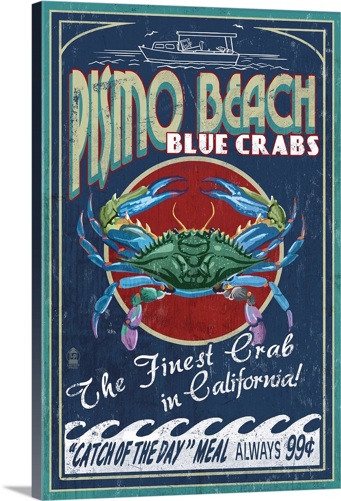 Pismo Beach, California - Blue Crabs Vintage Sign: Retro Travel Poster