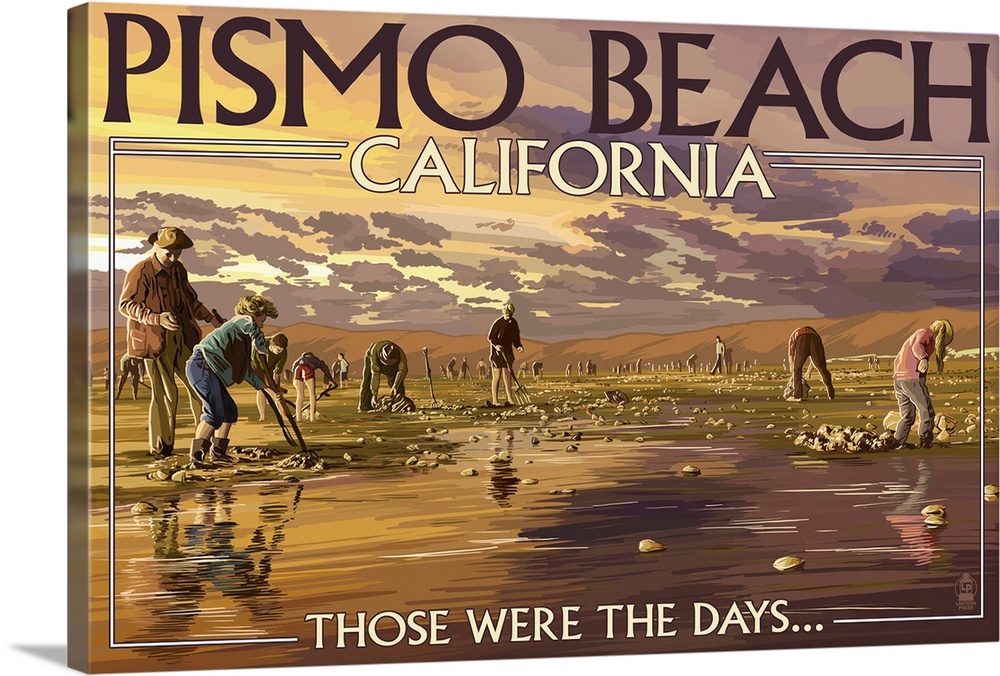 Retro stylized art poster of a coastal scene, with people digging for clams.