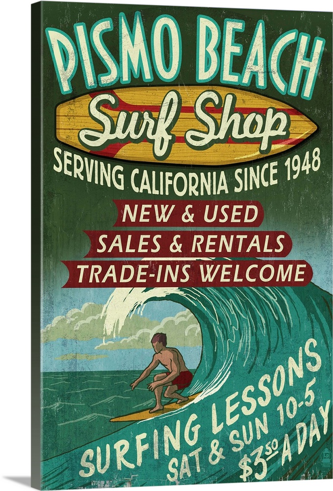 Retro stylized art poster of vintage sign with a surfer in a curled wave on the ocean.