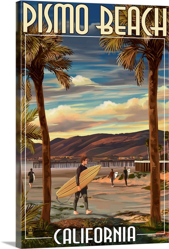 Retro stylized art poster of a surfer holding a surfboard on a beach at sunset. With tall palm trees in the foreground.