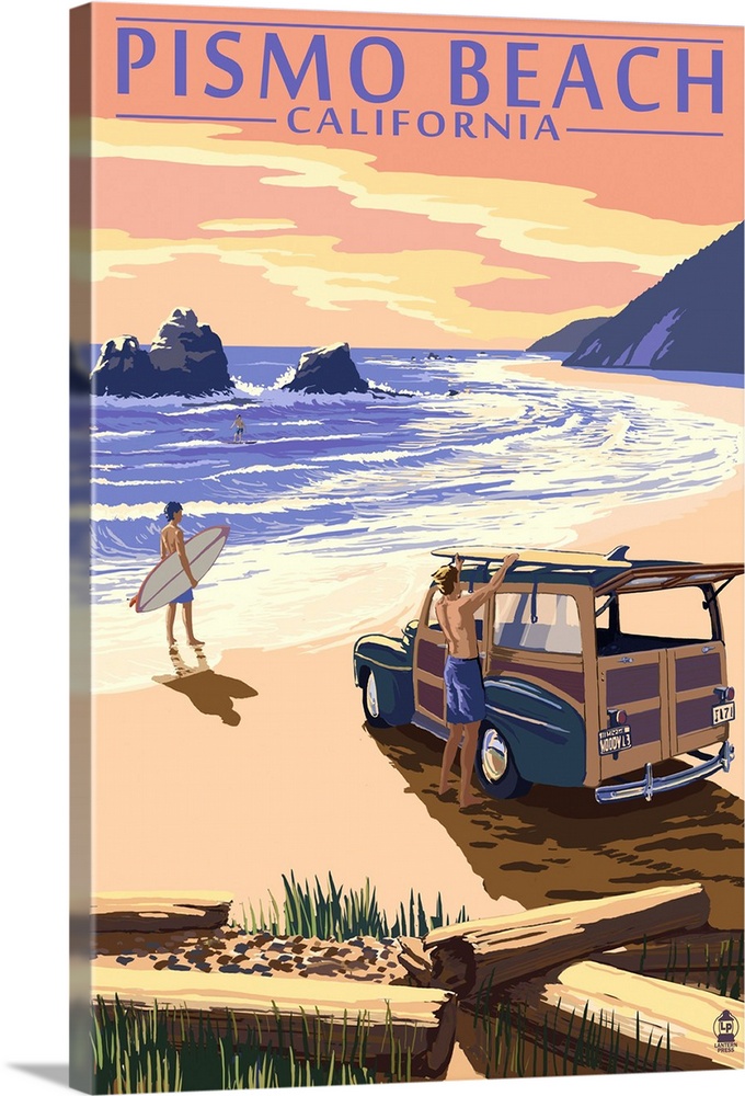 Retro stylized art poster of two people and a vintage car on  a beach sunset with surfboards.
