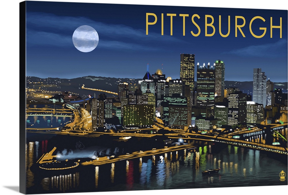 Pittsburgh, Pennsylvania - Skyline at Night: Retro Travel Poster