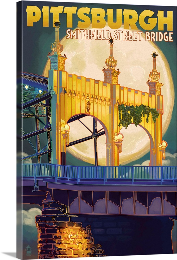 Pittsburgh, Pennsylvania - Smithfield St. Bridge and Moon: Retro Travel Poster