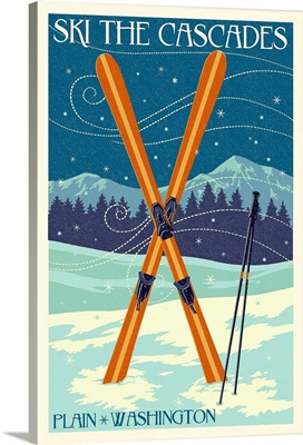 Plain, Washington - Crossed Skis - Letterpress: Retro Travel Poster
