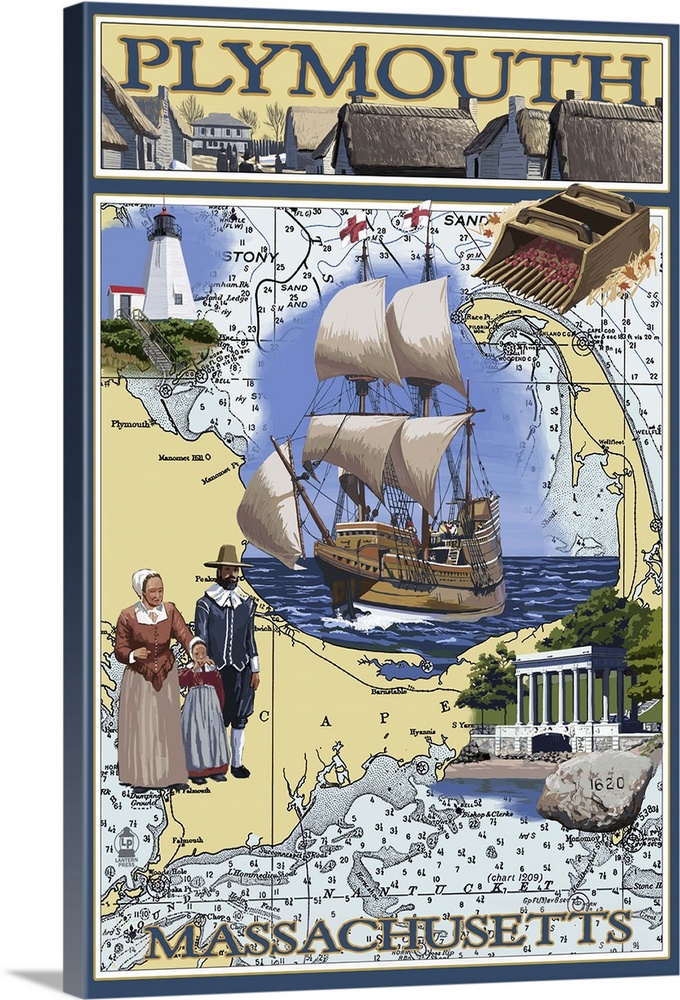 Plymouth, Massachusetts - Nautical Chart: Retro Travel Poster