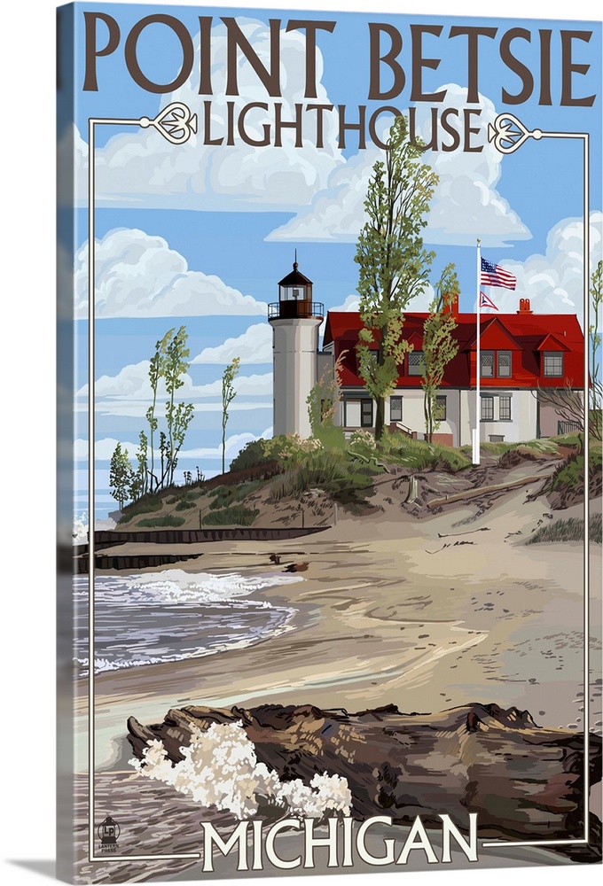 Retro stylized art poster of a lighthouse on a sandy coastline. With a large piece of driftwood in the foreground.