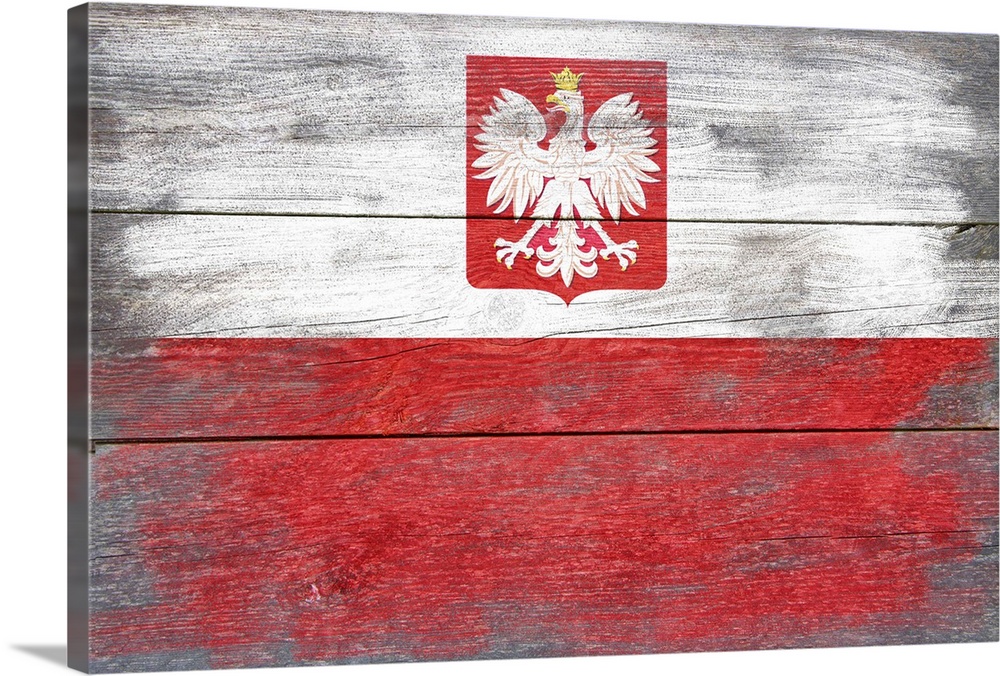 The flag of Poland with a weathered wooden board effect.