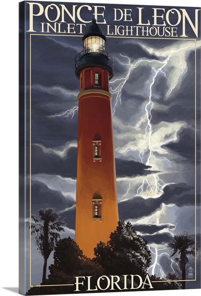 Ponce De Leon Inlet Lighthouse, Florida - Lightning at Night: Retro Travel Poster