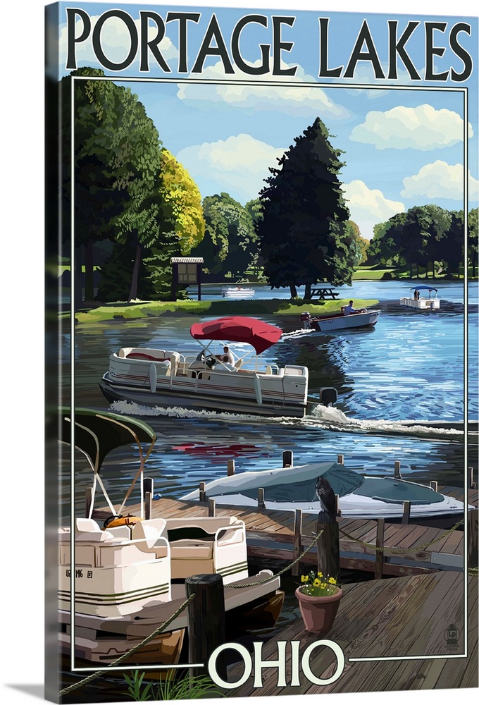 Retro stylized art poster of a dock over a countryside lake, with boats.