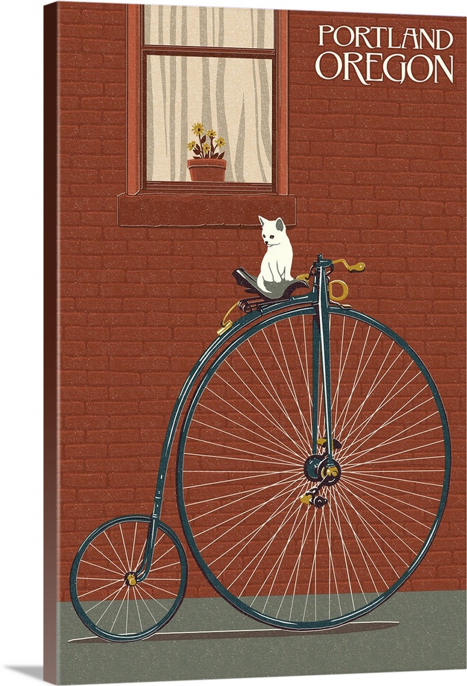 Portland, Oregon - Bicycle and Cat Letterpress: Retro Travel Poster