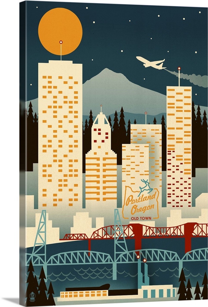 Portland, Oregon, Retro Skyline Wall Art, Canvas Prints, Framed Prints