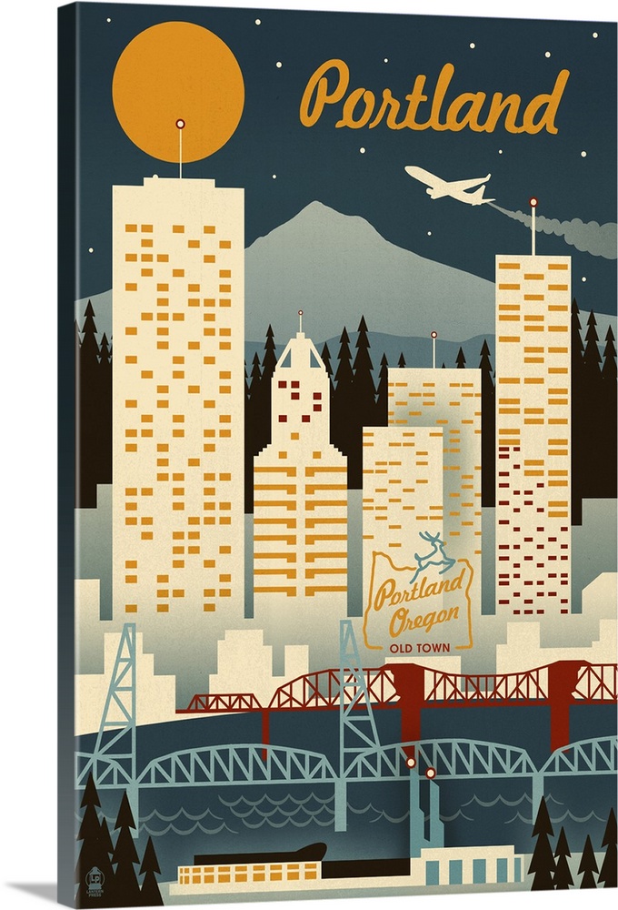 Portland, Oregon - Retro Skyline: Retro Travel Poster