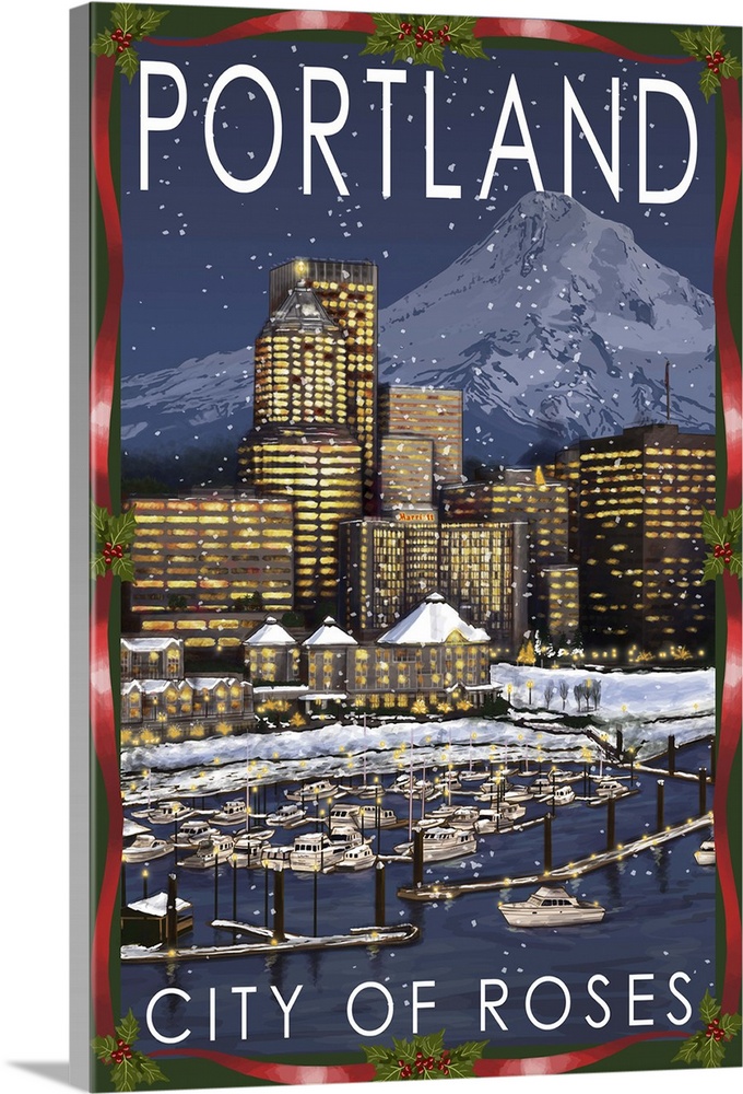 Portland, Oregon - Skyline at Night - Christmas Version: Retro Travel Poster