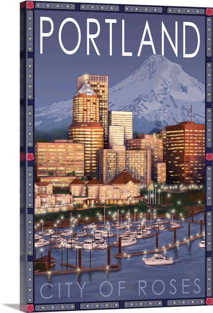 Portland, Oregon - Skyline at Night: Retro Travel Poster