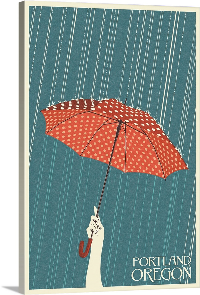 Portland, Oregon - Umbrella - Letterpress: Retro Travel Poster