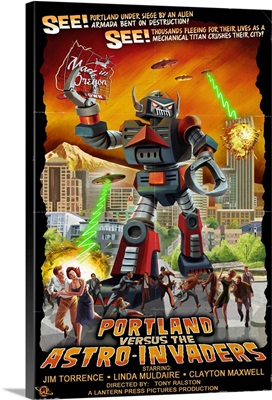 Portland, Oregon Versus the Astro-Invaders: Retro Travel Poster
