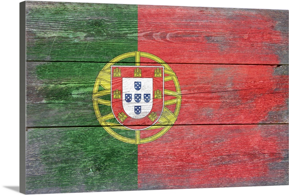 The flag of Portugal with a weathered wooden board effect.