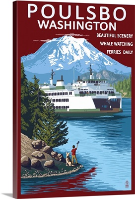 Poulsbo, Washington - Ferry and Mountain: Retro Travel Poster