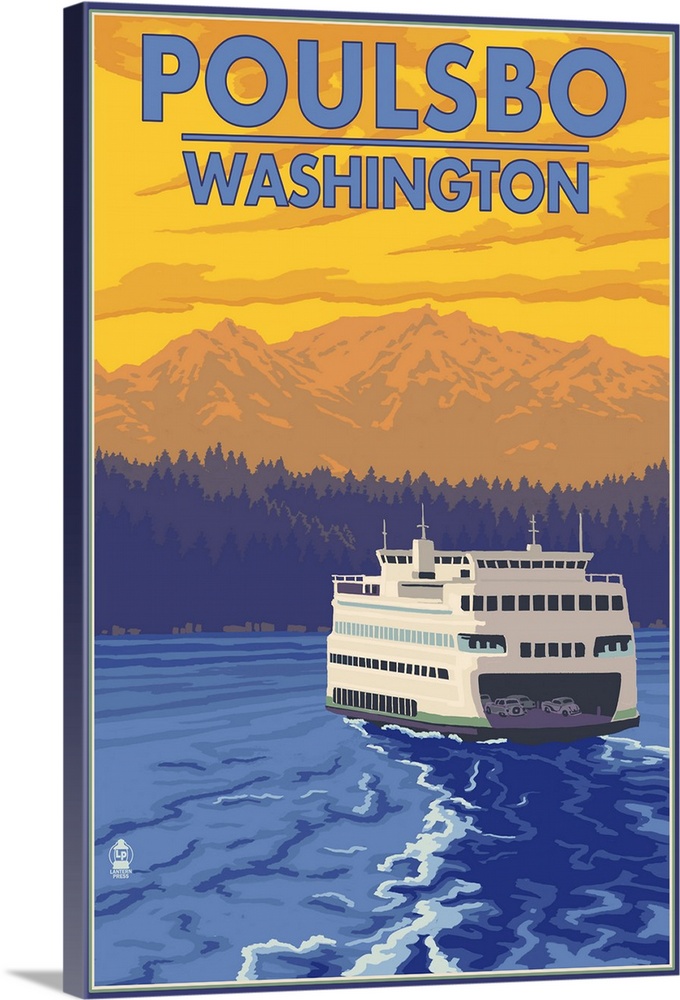 Poulsbo, Washington - Ferry and Sunset: Retro Travel Poster