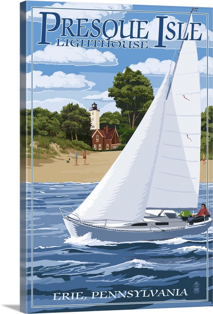 Retro stylized art poster of a sailboat near the shore, with a lighthouse in the background.
