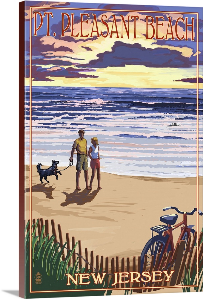 Pt. Pleasant Beach, New Jersey - Beach and Sunset: Retro Travel Poster