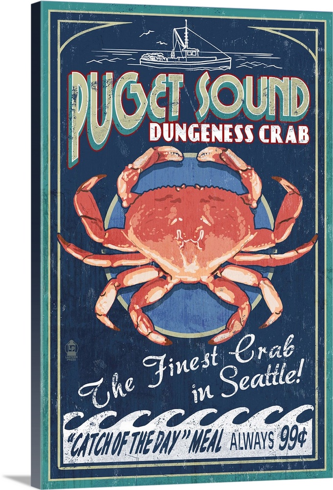 Retro stylized art poster of a vintage seafood market sign displaying a king crab.