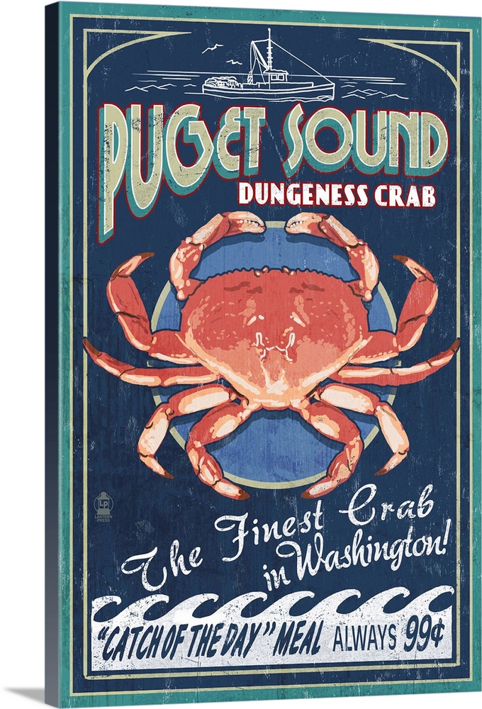 Puget Sound, Washington - Dungeness Crab Vintage Sign: Retro Travel Poster