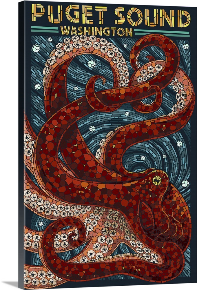 Puget Sound, Washington Octopus Mosaic Retro Travel Poster Wall Art