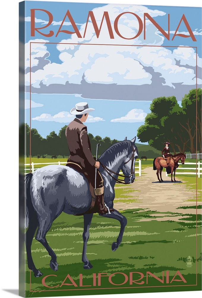 Retro stylized art poster of a man on a horse at a thoroughbred horse farm.