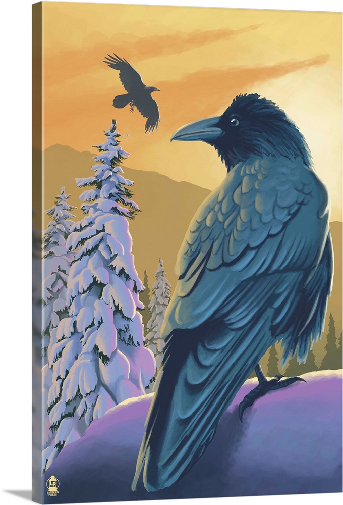 Retro stylized art poster of a perched raven in the foreground and a flying raven in the background.