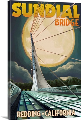 Redding, California - Sundial Bridge and Moon: Retro Travel Poster