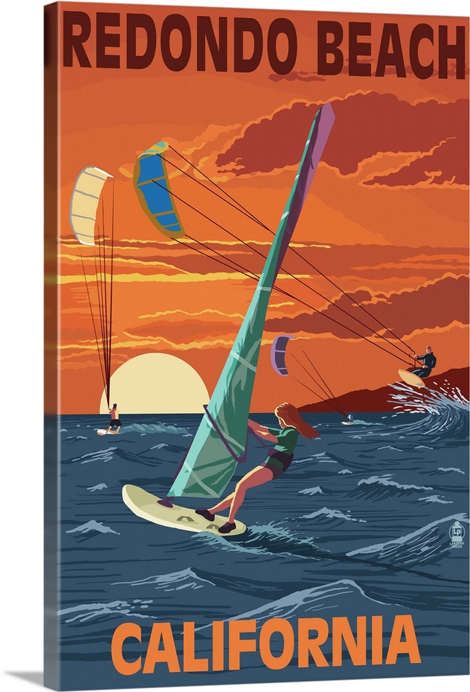 Redondo Beach, California - Wind Surfing: Retro Travel Poster