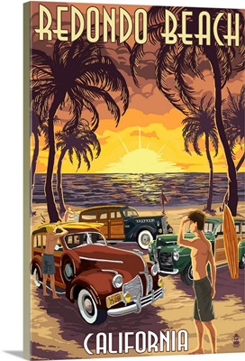 Redondo Beach, California - Woodies and Sunset: Retro Travel Poster