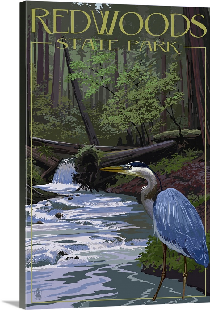 Retro stylized art poster of a blue heron alongside a stream, in a dense forest.