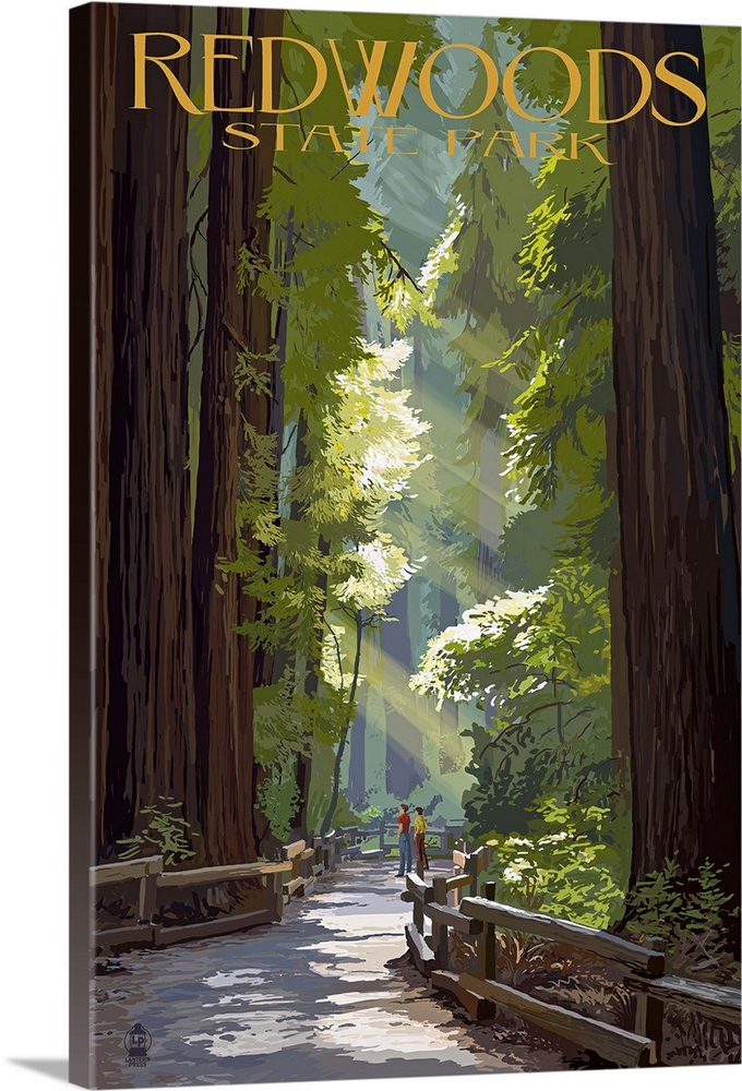Retro stylized art poster of a pathway through giant redwood trees.